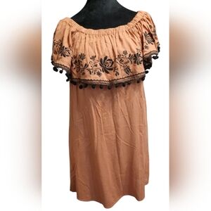 Umgee Tan Off-Shoulder Dress with Black Embroidery Med